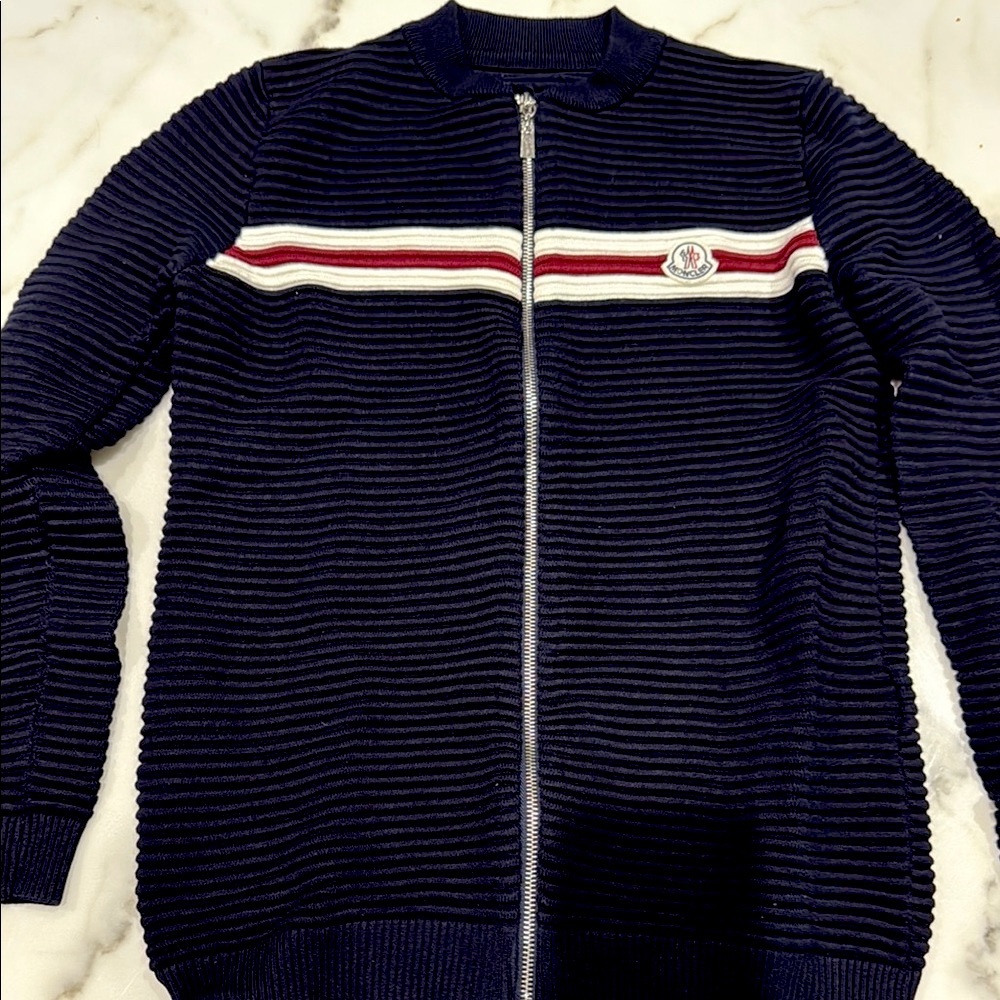 Navy Zip-Up Ribbed Sweater with Red and White Chest Stripe